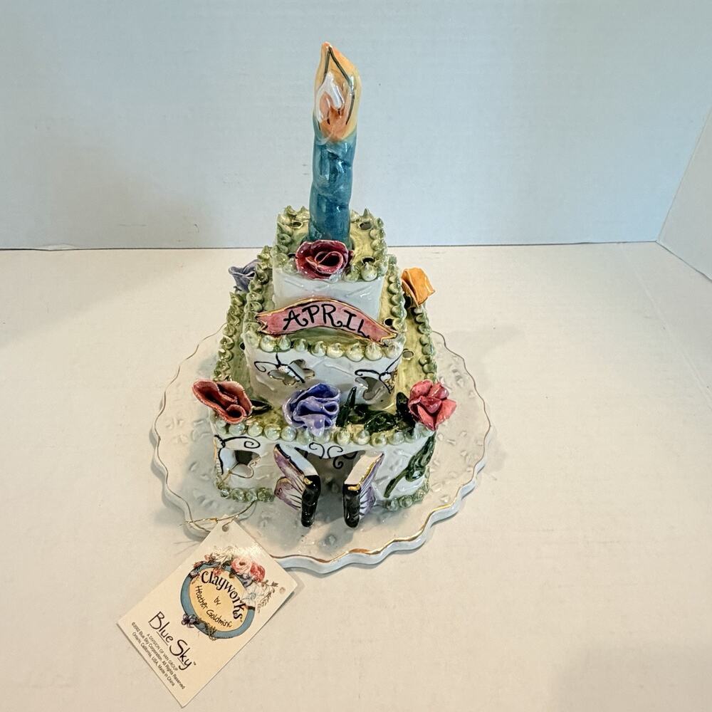 Blue Sky Hand-Painted Ceramic April Happy Birthday Cake Figurine w/ Plate